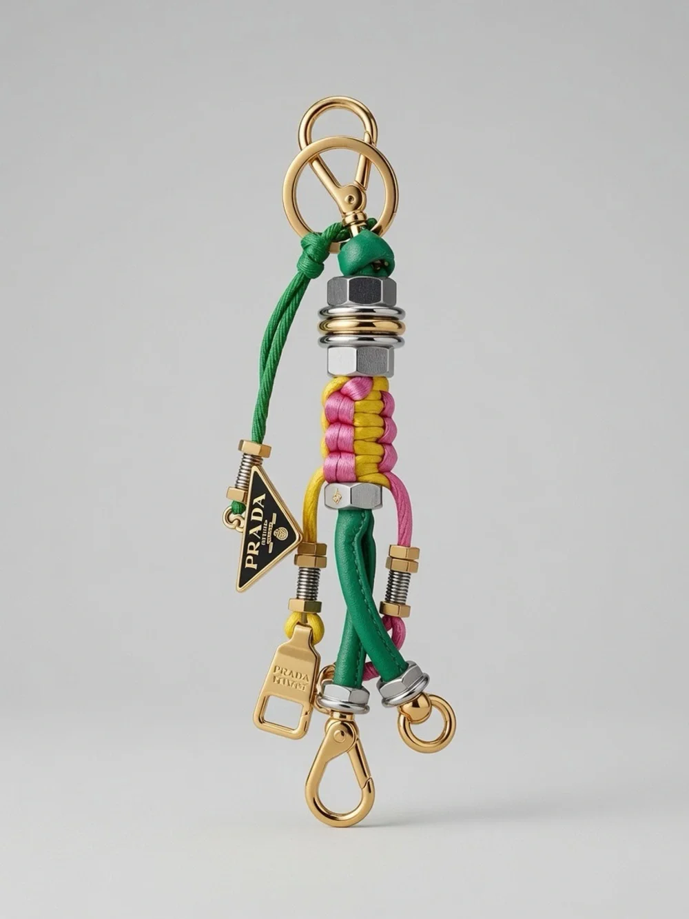Prada Green Pink Yellow Braided Rope Keychain with Gold Hardware